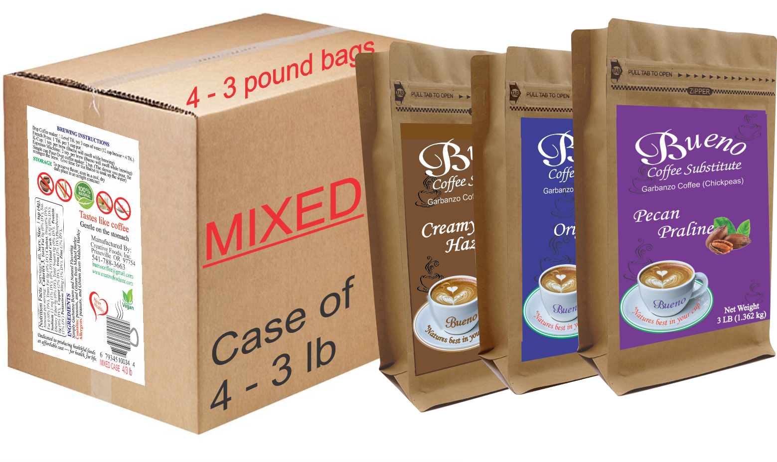 MIXED CASE of 4 - 3 pound packages of Bueno MIXED CASE of 4 - 3 pound packages of Bueno